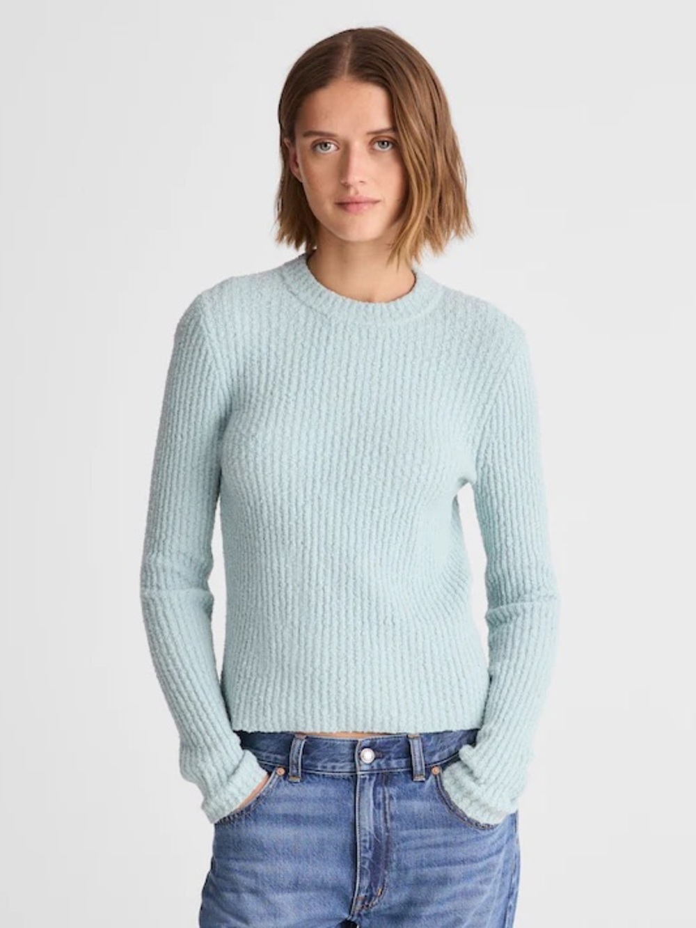 NWT Madewell Bouclé-Knit Crewneck Sweater, Mint Blue, NY859, Size Small